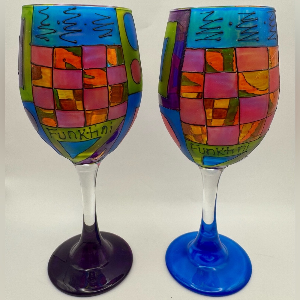 Pair of Handpainted Funktini Wine Glasses Wedding Gift Birthday Gift Colorful - Picture 4 of 7